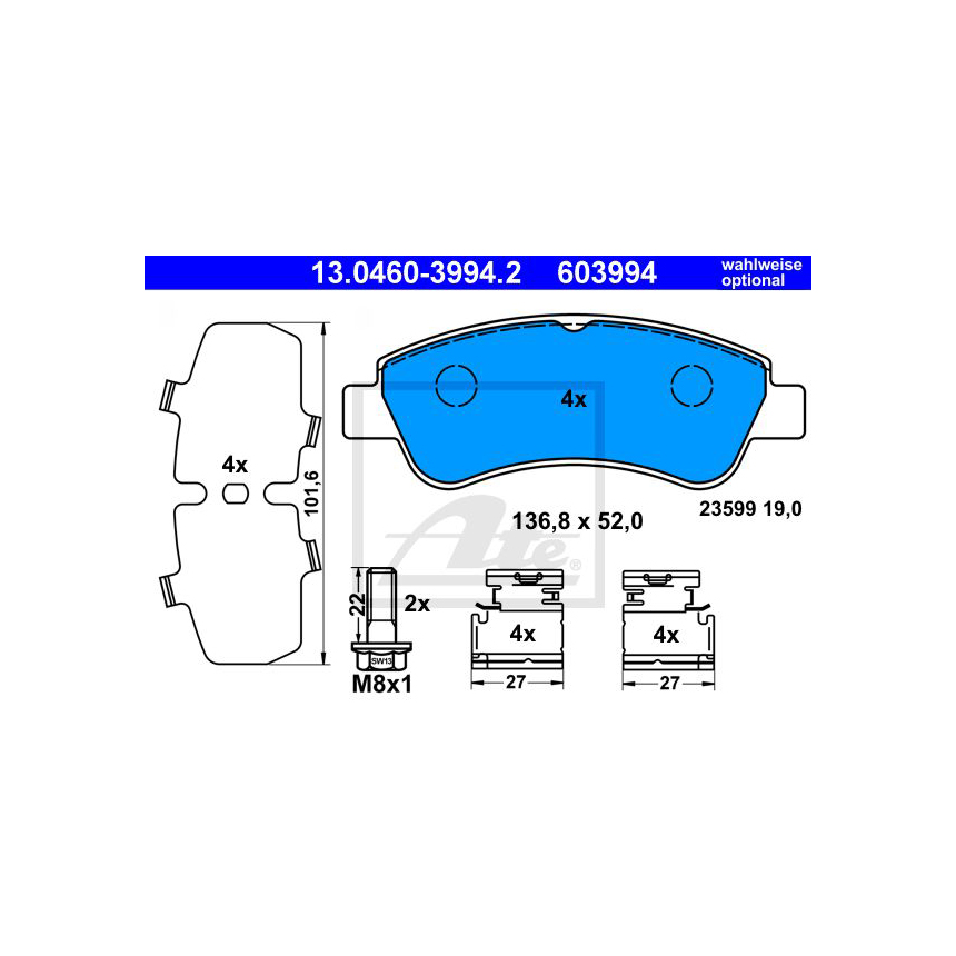 푸조 206 2.0 S16 00-07년 ATE 앞쪽 브레이크패드 S03Y