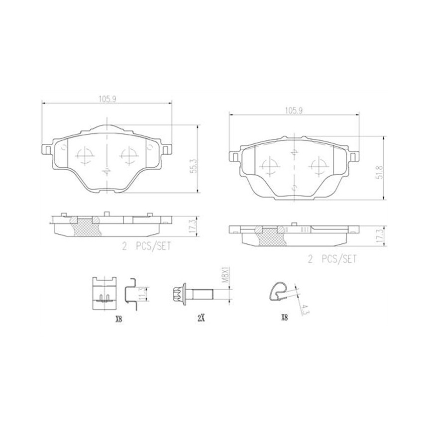 푸조 5008 1.5 BlueHDi 16-현재 BREMBO 뒤쪽 세라믹 브레이크패드 FL07